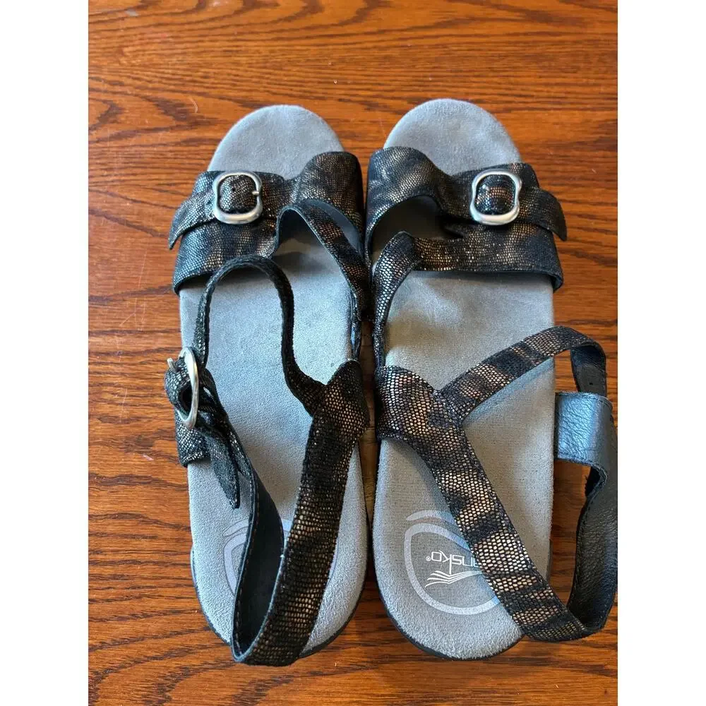 Dansko Sophie Sandals Women's 39 Bronze Black Snake Metallic Wedge Size 9